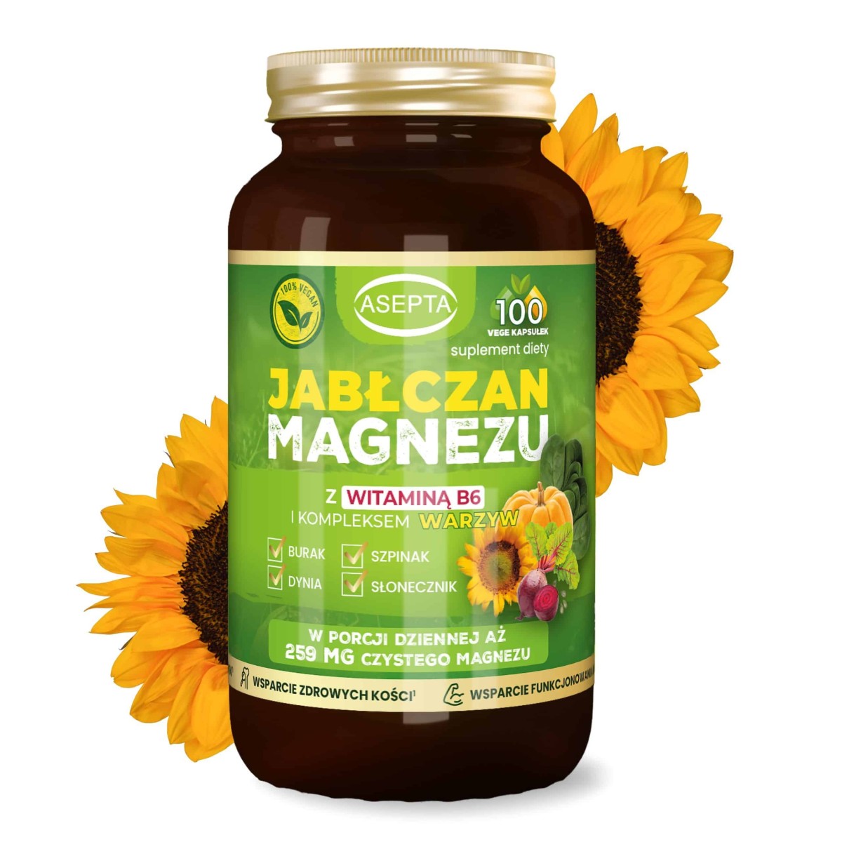 Jabłczan Magnezu z kompleksem warzyw (100 kaps) - Asepta